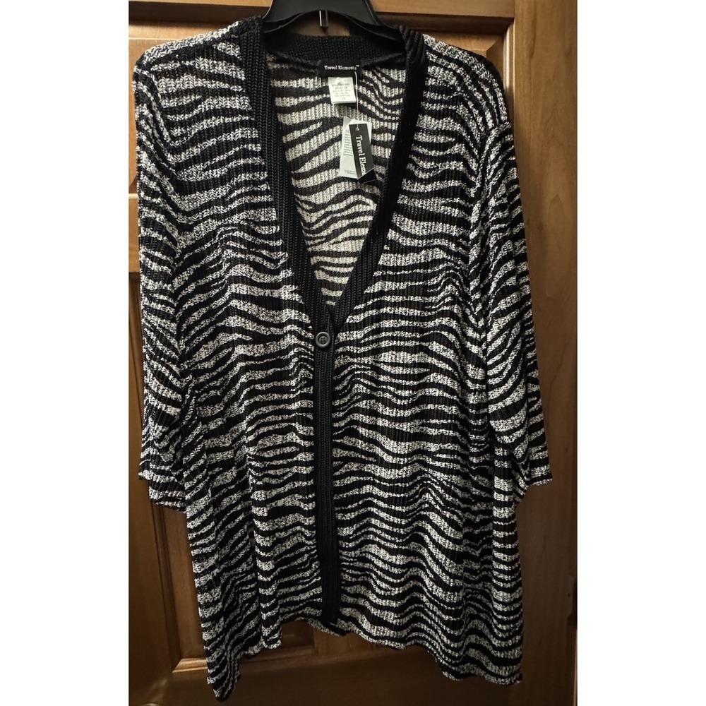 NWT Travel Elements Animal Zebra Print One Button Black Cardigan Sweater Size 2X
